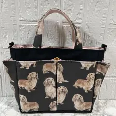 【ハンドメイド】♡ダックスちゃん柄♡ポケット沢山お散歩バッグ