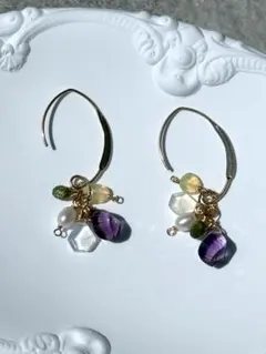 14kgf×天然石色々のシャラシャラピアス【No.48】