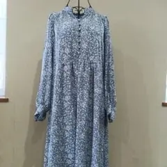 花柄シャツワンピース 青色 長袖