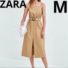 ZARA ベージュ ノースリーブ ベルトロングワンピース　M キャミワンピース
