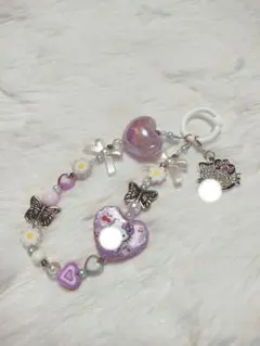 ハンドメイドストラップ♡　パープル×猫