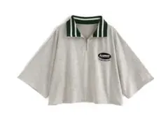 配色ラインネックハーフジップショート丈Tシャツ［bo007］オートミール
