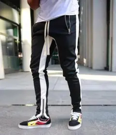 黒 ジョガーパンツ 白ライン ジッパー ストレッチ スポーツ 韓国 L