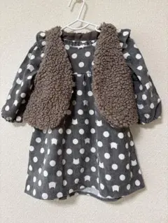 猫と水玉模様フリルワンピース ベスト付き80cm