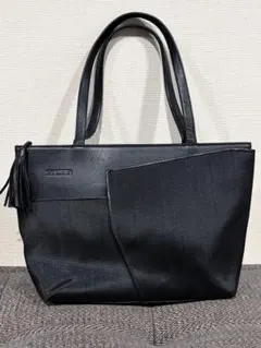 SANZERIA ブラックトートバッグ フリンジ付き レザー 肩掛け シンプル
