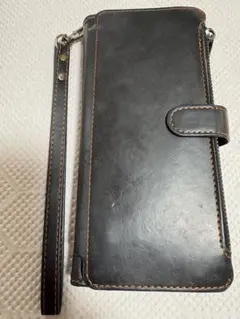 iPhone12 Pro Max用　ブラックレザー手帳型ケース ストラップ付き