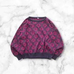 総柄薄手ニットガーバンディ短丈幾何学模様花柄渦巻きダークパープルレトロアートデコ