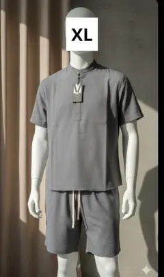 【新品タグ付】メンズ 綿麻 セットアップ XL グレー 部屋着 ルームウェア 夏