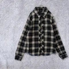 4003 ネルシャツ メンズ M チェック ウール100 フリンジ 古着