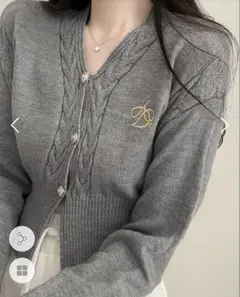 ゴールドボタン刺繍ケーブルカーディガン・p590531 グレー