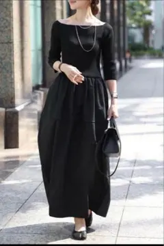 ボンジュールサガン　スクエアネック　ニットコンビ　コクーンワンピース　ブラック