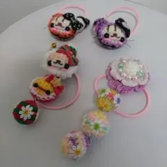 手編み　動物モチーフキッズヘアゴム　ハロウィン　クリスマス　花　猫　うさぎ