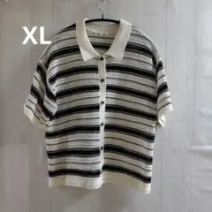 大きいサイズXL GU　ストライプ半袖ニット スリーブ　アイボリー　ブラック
