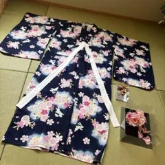 浴衣　髪飾り　セット　キッズ　125cmー135cm 紺色　ピンク　花柄