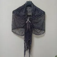 エレガントな黒とシルバーのレースフリンジショール★パール付き☆結婚式