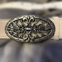 00s コムサデモード 百合の紋章 バックル レザーベルト ホワイト×ガンメタ