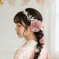 成人式 髪飾り ピンク パールカチューシャ付／ 卒業式 リボン　ヘッドパーツ⑲