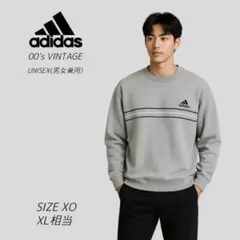 良品　00s　アディダス　ロゴ刺繍　スリーライン　スウェット　グレー　XL相当