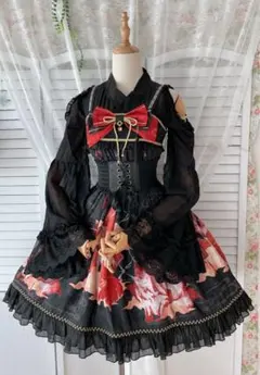 和風ロリータ ワンピース 黒赤 花柄のサムネイル