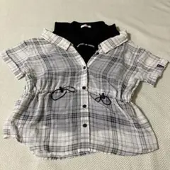 ピンクラテ　半袖　重ね着風　チェック柄シャツ　シースルー　150cm
