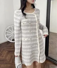 ROYAL PARTY ニットツイードダブルボタンミディカーディガン