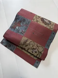 も*も様 名古屋帯 赤 青 花柄　九寸