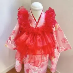 七五三3歳　被布着着物　真っ赤な縁起物被布オーガンジーフリルエプロンワンピース