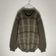 ウール × アルパカ チェック柄 クルーネック ニット セーター オリーブ L