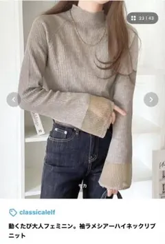 動くたび大人フェミニン。袖ラメシアーハイネックリブニット