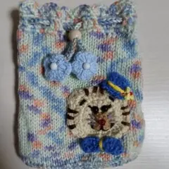 ハンドメイド ニット巾着ポーチ 猫　動物モチーフ　ショルダー