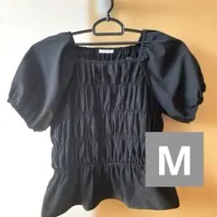 ブラック Mサイズ レディース ギャザートップス バルーンスリーブ