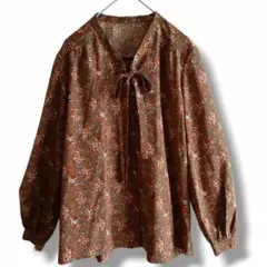 【ハンドメイド 】小花柄ボウタイブラウス M相当 レトロ ブラウン 長袖のサムネイル