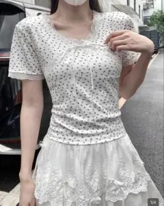 小花柄 レース 半袖 トップス ホワイト