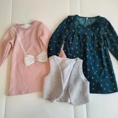 キッズ服 ワンピースセット 100cm ピンク・ダークグリーン