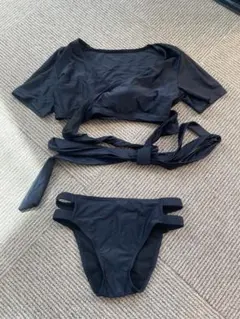 カシュクール リボン 半袖 ビキニ 水着 ブラック M 体型カバー