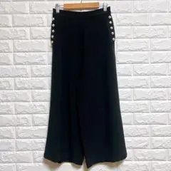 Jines【38】ワイドパンツ サイドボタン 無地 黒 通勤 ポリエステル