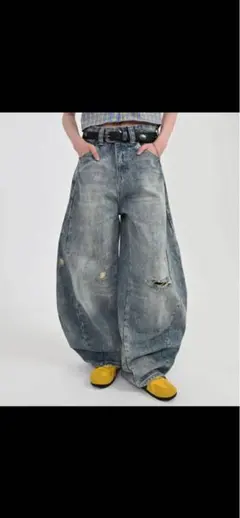 ワイドシルエット ダメージデニムパンツ