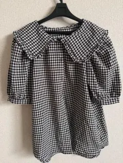 ギンガムチェック ビッグカラー フリル 半袖ブラウス Mサイズ