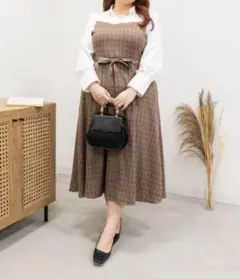 クレット　未使用タグ付き　ドッキング　ベージュ系チェック ロングワンピース　4L