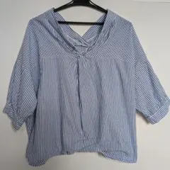 スキッパー ストライプシャツ 綿100% 水色×白 Mサイズ