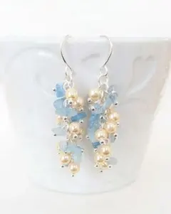 天然石とチェコビーズピアス76　アクアマリン　チェコビーズ　パール　限定1点