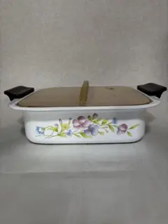 卓上 おでん鍋 花柄ホーロー鍋 仕切り付き 木製蓋付き角形鍋 新品未使用 箱無しのサムネイル
