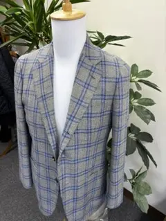 SHIPS ウール混紡 グレーと青のチェックテーラードジャケット