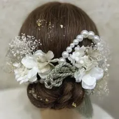 成人式　卒業式　髪飾り　ホワイトベージュパールチェーングリーンタッセル