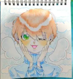 手描きイラスト　オリジナル　絵　アナログ　男の子　天使　うさぎ
