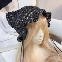 麦わら猫耳帽子 編み物 かぎ針編み ハンドメイド ネコ耳ニット帽 かわいい 黒