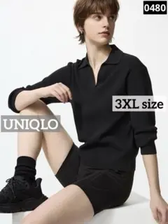 0480 UNIQLO ウォッシャブルニットリブポロセーター ブラック