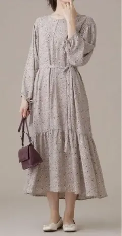 ナノユニバース プリントVネックギャザーワンピース 長袖　S サイズインナー付き