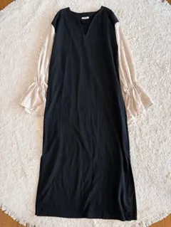 mily bilet シアー袖切替キャンディースリーブVネック ロングワンピース