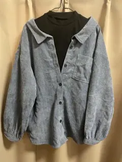 コーデュロイ ボタン付き フェイクレイヤード レイヤード風 シャツ 青色 ブルー